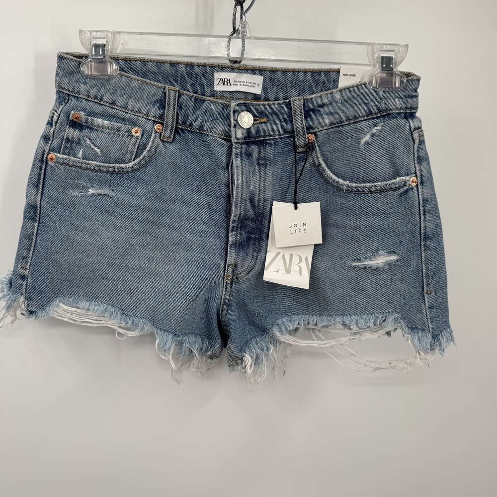 Zara Womens Denim Shorts 6 Blue Distressed Raw Hem Button Fly Grunge Festival